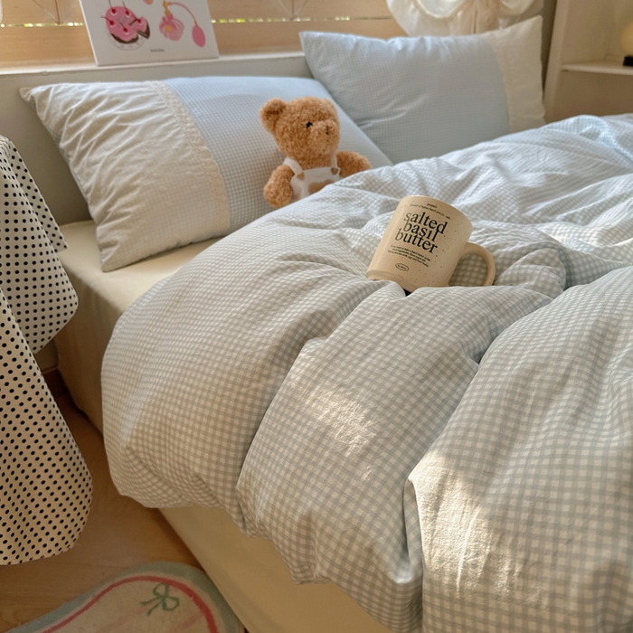 91家纺网 家纺一手货源 找家纺 桃心家居 2025新款云感水洗棉蕾丝花边四件套 水洗棉花边-蕾丝蓝格布丁