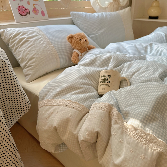 91家纺网 家纺一手货源 找家纺 桃心家居 2025新款云感水洗棉蕾丝花边四件套 水洗棉花边-蕾丝蓝格布丁