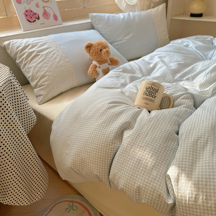 91家纺网 家纺一手货源 找家纺 桃心家居 2025新款云感水洗棉蕾丝花边四件套 水洗棉花边-蕾丝蓝格布丁