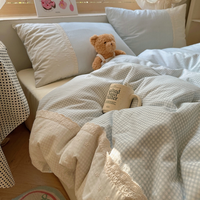 91家纺网 家纺一手货源 找家纺 桃心家居 2025新款云感水洗棉蕾丝花边四件套 水洗棉花边-蕾丝蓝格布丁