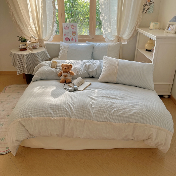 91家纺网 家纺一手货源 找家纺 桃心家居 2025新款云感水洗棉蕾丝花边四件套 水洗棉花边-蕾丝蓝格布丁