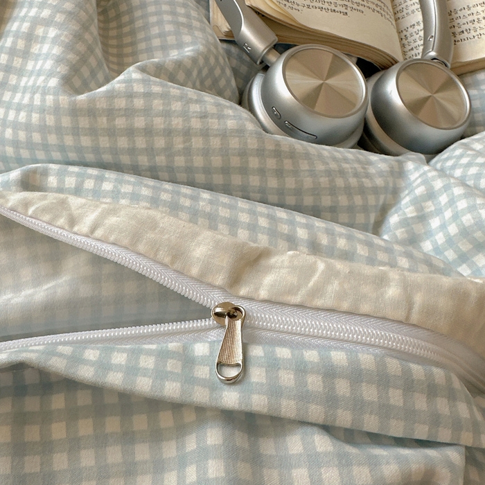 91家纺网 家纺一手货源 找家纺 桃心家居 2025新款云感水洗棉蕾丝花边四件套 水洗棉花边-蕾丝蓝格布丁