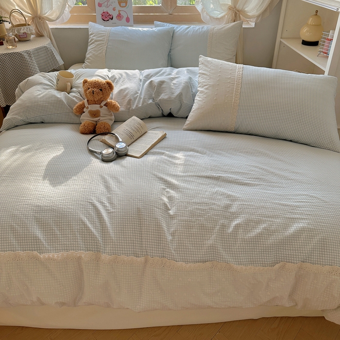 91家纺网 家纺一手货源 找家纺 桃心家居 2025新款云感水洗棉蕾丝花边四件套 水洗棉花边-蕾丝蓝格布丁