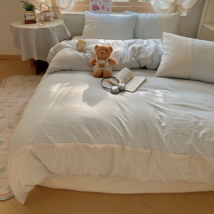 91家纺网 家纺一手货源 找家纺 桃心家居 2025新款云感水洗棉蕾丝花边四件套 水洗棉花边-蕾丝蓝格布丁