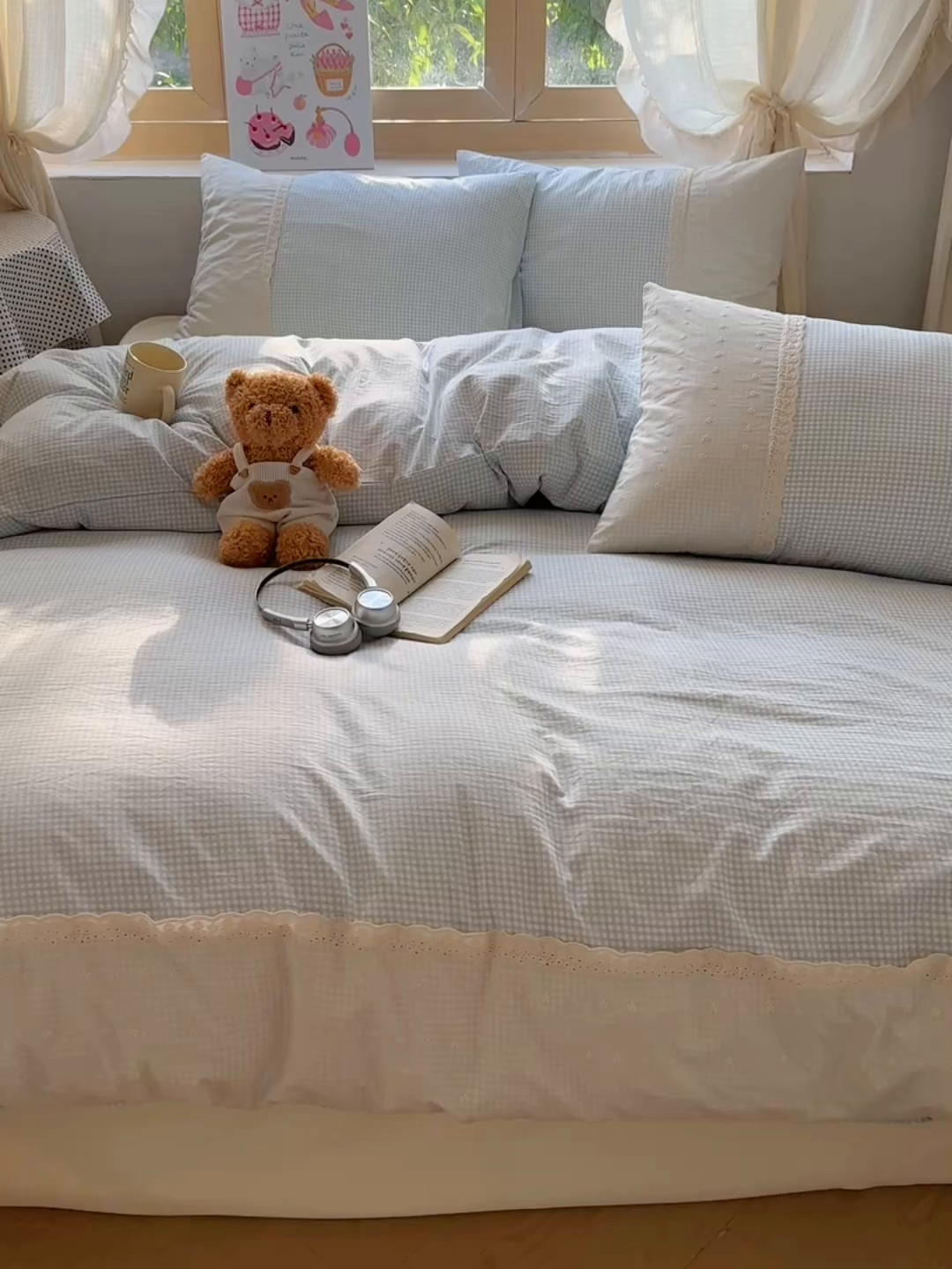 91家纺网 家纺一手货源 找家纺 桃心家居 2025新款云感水洗棉蕾丝花边四件套 水洗棉花边-蕾丝蓝格布丁