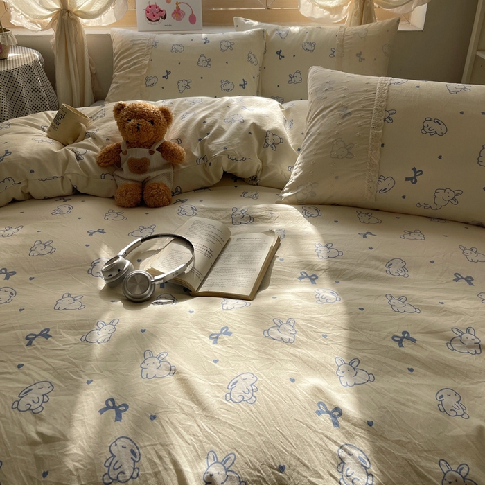 91家纺网 家纺一手货源 找家纺 桃心家居 2025新款云感水洗棉蕾丝花边四件套 水洗棉花边-蕾丝蓝小兔