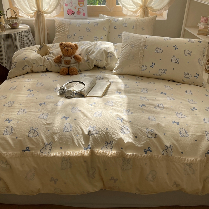 91家纺网 家纺一手货源 找家纺 桃心家居 2025新款云感水洗棉蕾丝花边四件套 水洗棉花边-蕾丝蓝小兔