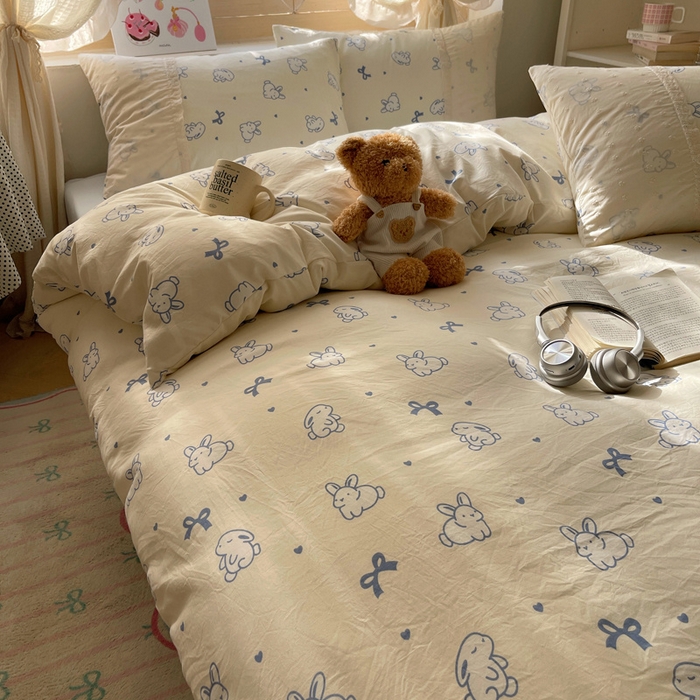 91家纺网 家纺一手货源 找家纺 桃心家居 2025新款云感水洗棉蕾丝花边四件套 水洗棉花边-蕾丝蓝小兔