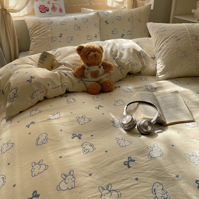 91家纺网 家纺一手货源 找家纺 桃心家居 2025新款云感水洗棉蕾丝花边四件套 水洗棉花边-蕾丝蓝小兔