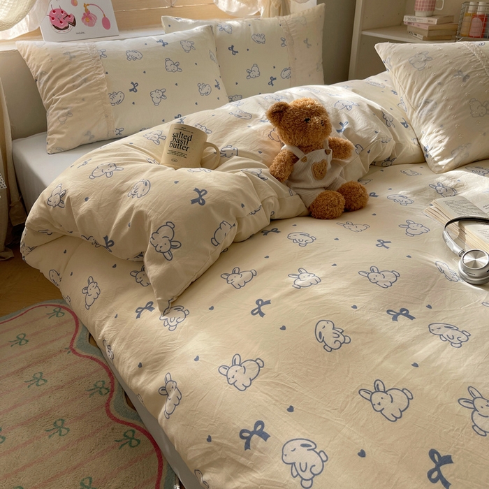 91家纺网 家纺一手货源 找家纺 桃心家居 2025新款云感水洗棉蕾丝花边四件套 水洗棉花边-蕾丝蓝小兔