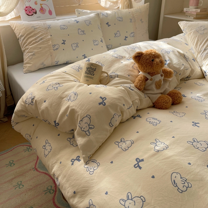 91家纺网 家纺一手货源 找家纺 桃心家居 2025新款云感水洗棉蕾丝花边四件套 水洗棉花边-蕾丝蓝小兔