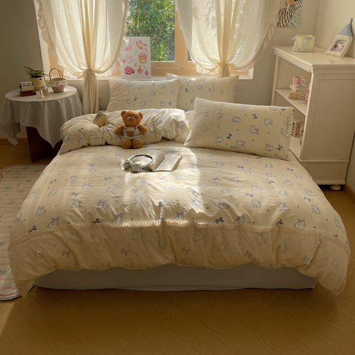 91家纺网 家纺一手货源 找家纺 桃心家居 2025新款云感水洗棉蕾丝花边四件套 水洗棉花边-蕾丝蓝小兔