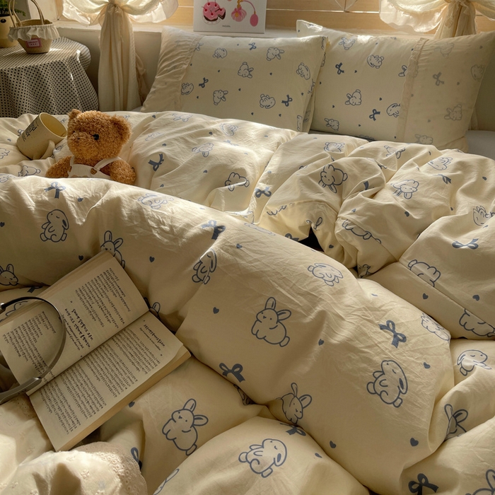 91家纺网 家纺一手货源 找家纺 桃心家居 2025新款云感水洗棉蕾丝花边四件套 水洗棉花边-蕾丝蓝小兔