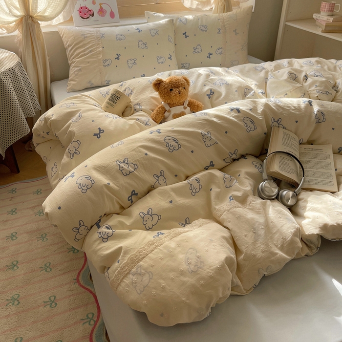 91家纺网 家纺一手货源 找家纺 桃心家居 2025新款云感水洗棉蕾丝花边四件套 水洗棉花边-蕾丝蓝小兔