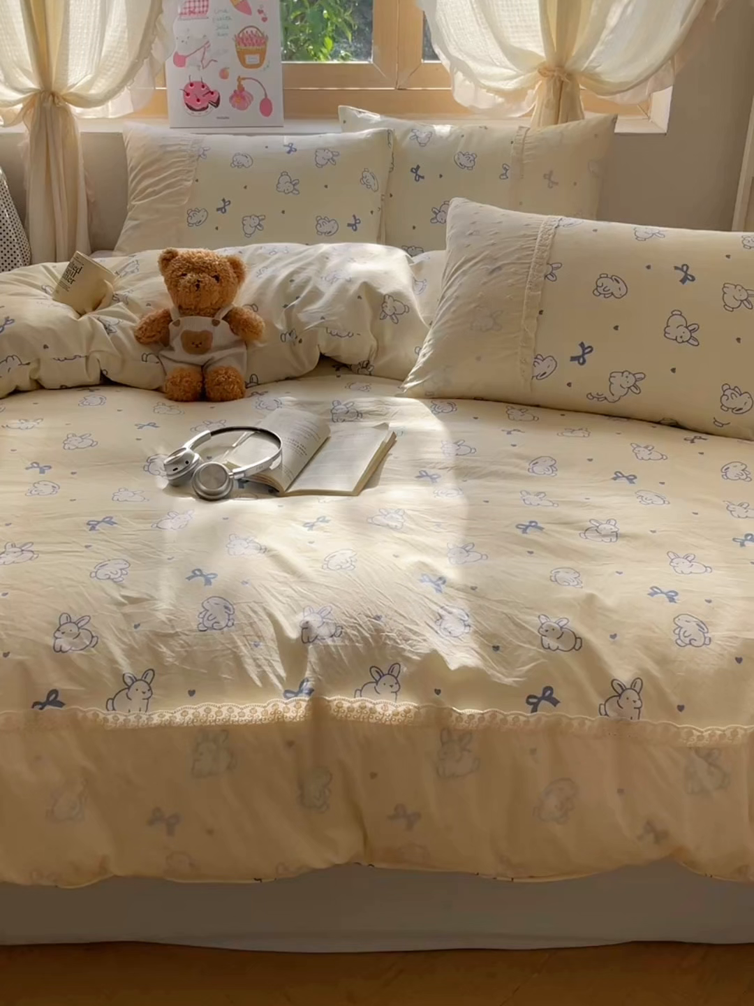 91家纺网 家纺一手货源 找家纺 桃心家居 2025新款云感水洗棉蕾丝花边四件套 水洗棉花边-蕾丝蓝小兔