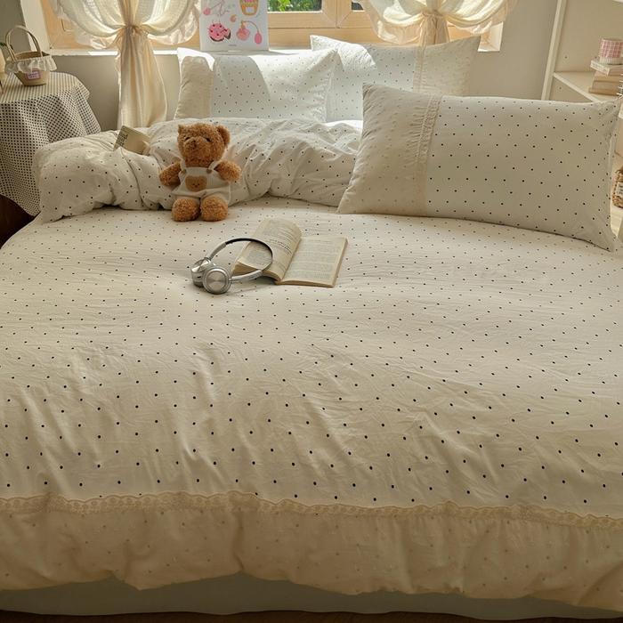 91家纺网 家纺一手货源 找家纺 桃心家居 2025新款云感水洗棉蕾丝花边四件套 水洗棉花边-蕾丝奶白清蓝