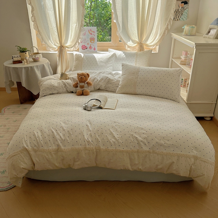 91家纺网 家纺一手货源 找家纺 桃心家居 2025新款云感水洗棉蕾丝花边四件套 水洗棉花边-蕾丝奶白清蓝