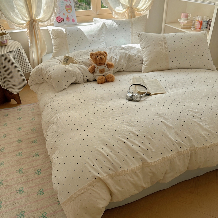 91家纺网 家纺一手货源 找家纺 桃心家居 2025新款云感水洗棉蕾丝花边四件套 水洗棉花边-蕾丝奶白清蓝