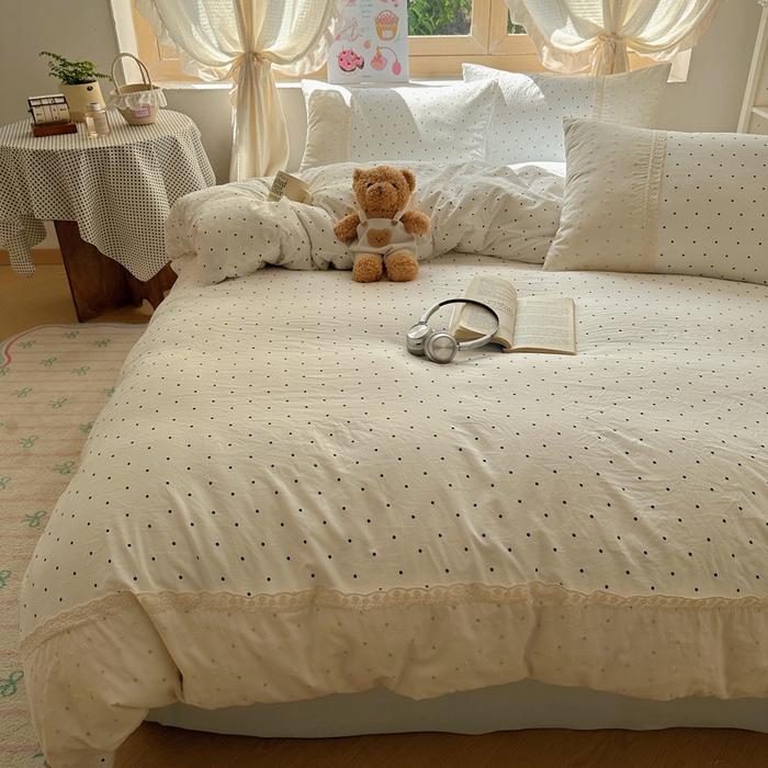 91家纺网 家纺一手货源 找家纺 桃心家居 2025新款云感水洗棉蕾丝花边四件套 水洗棉花边-蕾丝奶白清蓝