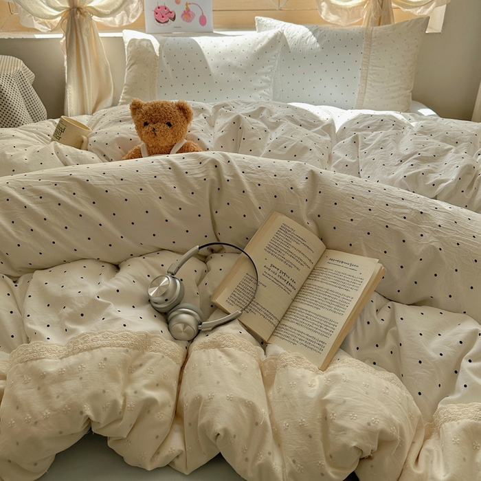 91家纺网 家纺一手货源 找家纺 桃心家居 2025新款云感水洗棉蕾丝花边四件套 水洗棉花边-蕾丝奶白清蓝