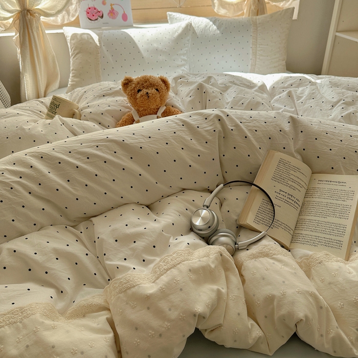 91家纺网 家纺一手货源 找家纺 桃心家居 2025新款云感水洗棉蕾丝花边四件套 水洗棉花边-蕾丝奶白清蓝