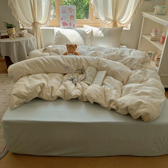 91家纺网 家纺一手货源 找家纺 桃心家居 2025新款云感水洗棉蕾丝花边四件套 水洗棉花边-蕾丝清新蝴蝶结