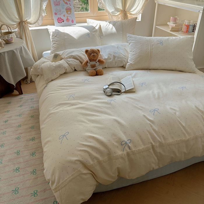 91家纺网 家纺一手货源 找家纺 桃心家居 2025新款云感水洗棉蕾丝花边四件套 水洗棉花边-蕾丝清新蝴蝶结