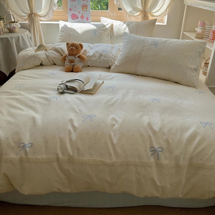 91家纺网 家纺一手货源 找家纺 桃心家居 2025新款云感水洗棉蕾丝花边四件套 水洗棉花边-蕾丝清新蝴蝶结