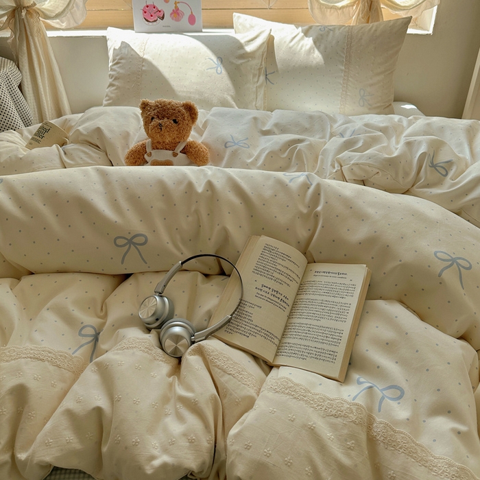 91家纺网 家纺一手货源 找家纺 桃心家居 2025新款云感水洗棉蕾丝花边四件套 水洗棉花边-蕾丝清新蝴蝶结