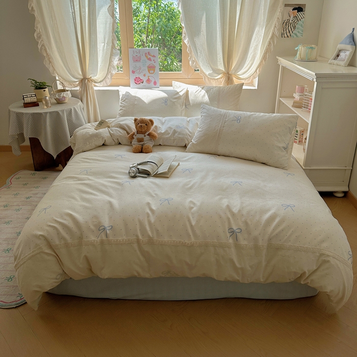 91家纺网 家纺一手货源 找家纺 桃心家居 2025新款云感水洗棉蕾丝花边四件套 水洗棉花边-蕾丝清新蝴蝶结