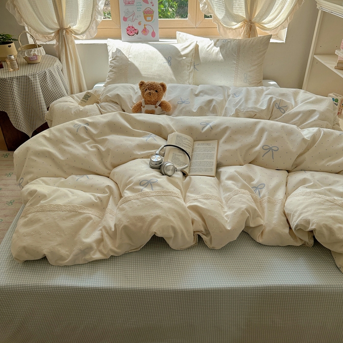 91家纺网 家纺一手货源 找家纺 桃心家居 2025新款云感水洗棉蕾丝花边四件套 水洗棉花边-蕾丝清新蝴蝶结