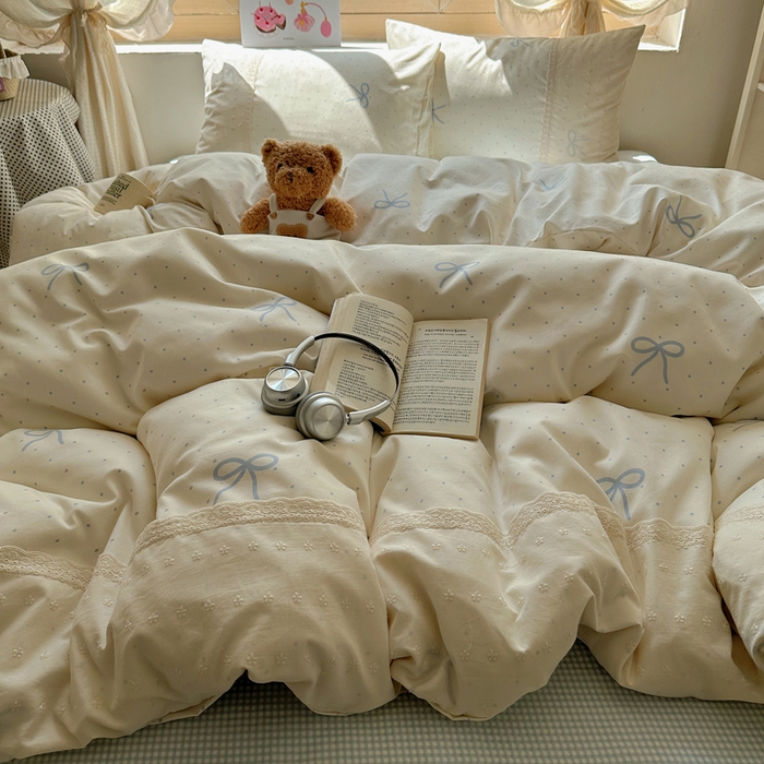 91家纺网 家纺一手货源 找家纺 桃心家居 2025新款云感水洗棉蕾丝花边四件套 水洗棉花边-蕾丝清新蝴蝶结