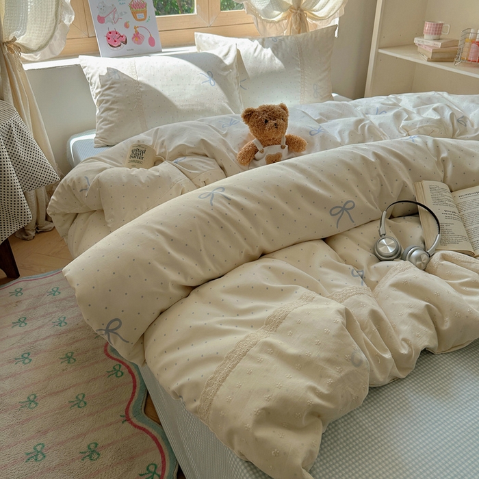 91家纺网 家纺一手货源 找家纺 桃心家居 2025新款云感水洗棉蕾丝花边四件套 水洗棉花边-蕾丝清新蝴蝶结