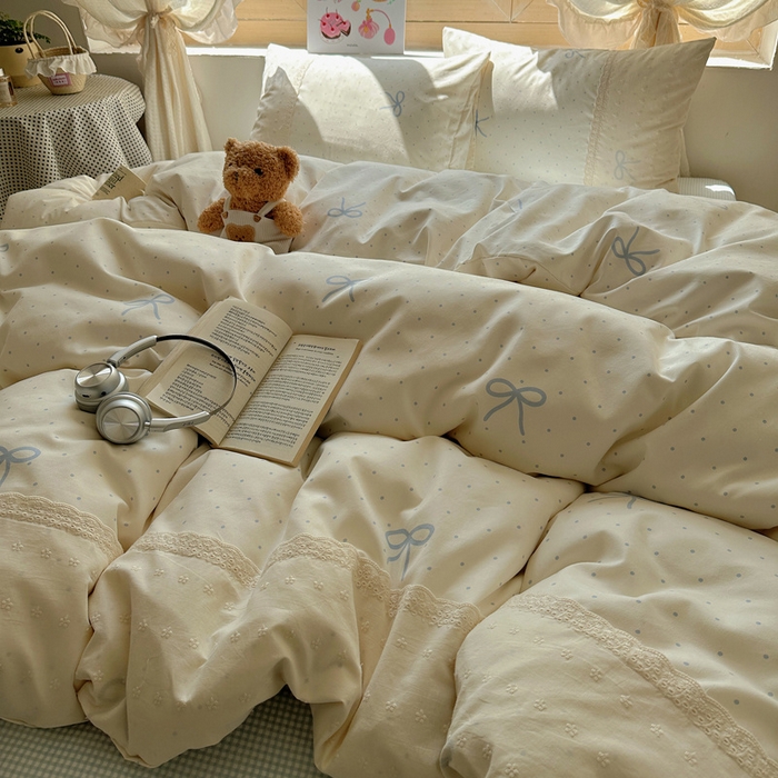 91家纺网 家纺一手货源 找家纺 桃心家居 2025新款云感水洗棉蕾丝花边四件套 水洗棉花边-蕾丝清新蝴蝶结