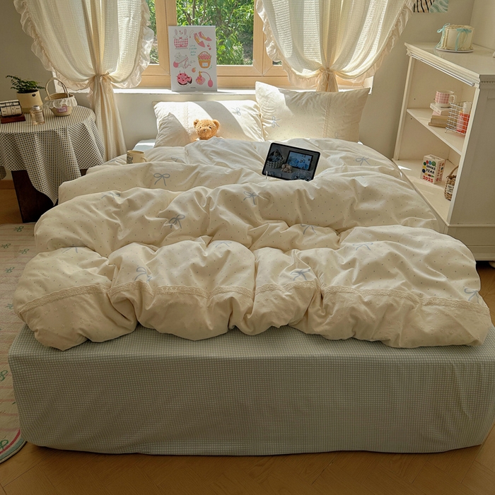 91家纺网 家纺一手货源 找家纺 桃心家居 2025新款云感水洗棉蕾丝花边四件套 水洗棉花边-蕾丝清新蝴蝶结