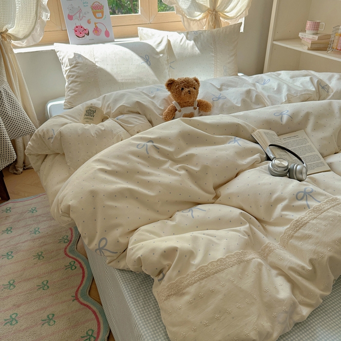 91家纺网 家纺一手货源 找家纺 桃心家居 2025新款云感水洗棉蕾丝花边四件套 水洗棉花边-蕾丝清新蝴蝶结