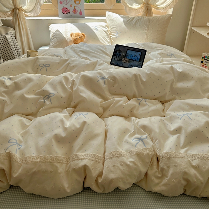 91家纺网 家纺一手货源 找家纺 桃心家居 2025新款云感水洗棉蕾丝花边四件套 水洗棉花边-蕾丝清新蝴蝶结