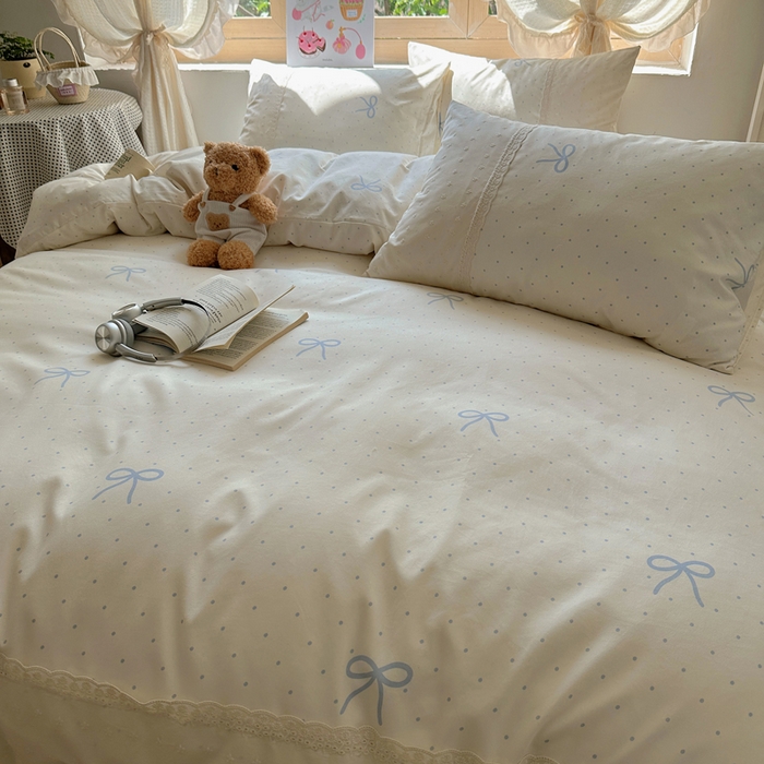 91家纺网 家纺一手货源 找家纺 桃心家居 2025新款云感水洗棉蕾丝花边四件套 水洗棉花边-蕾丝清新蝴蝶结