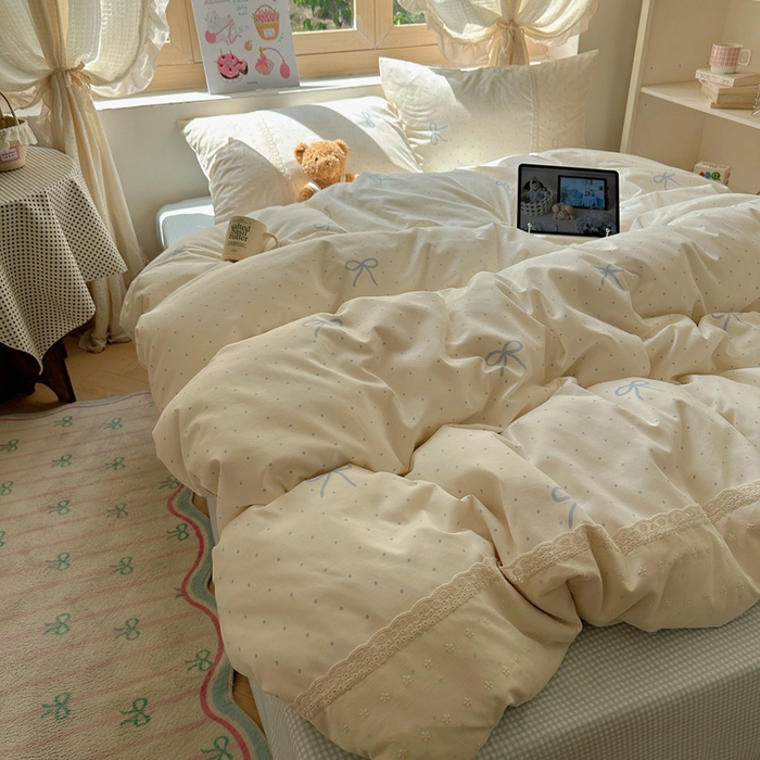 91家纺网 家纺一手货源 找家纺 桃心家居 2025新款云感水洗棉蕾丝花边四件套 水洗棉花边-蕾丝清新蝴蝶结