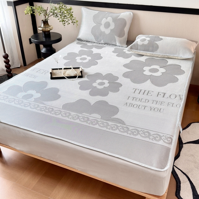 91家纺网 家纺一手货源 找家纺 乐居家纺 2025新款A类碳光抗菌凉感可水洗冰丝凉席席子床笠款 冰花-灰