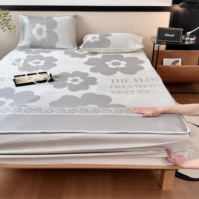 91家纺网 家纺一手货源 找家纺 乐居家纺 2025新款A类碳光抗菌凉感可水洗冰丝凉席席子床笠款 冰花-灰