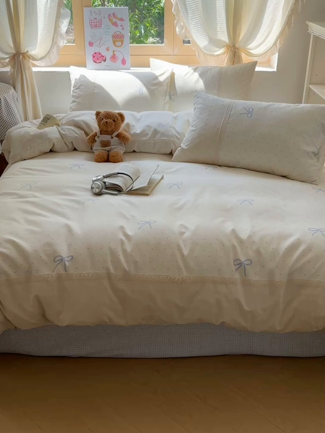 91家纺网 家纺一手货源 找家纺 桃心家居 2025新款云感水洗棉蕾丝花边四件套 水洗棉花边-蕾丝清新蝴蝶结