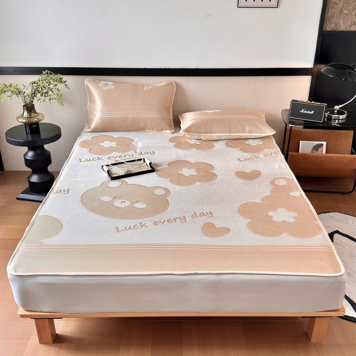 91家纺网 家纺一手货源 找家纺 乐居家纺 2025新款A类碳光抗菌凉感可水洗冰丝凉席席子床笠款 冰丝小熊-咖