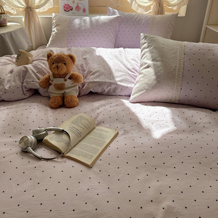 91家纺网 家纺一手货源 找家纺 桃心家居 2025新款云感水洗棉蕾丝花边四件套 水洗棉花边-蕾丝紫点奶昔