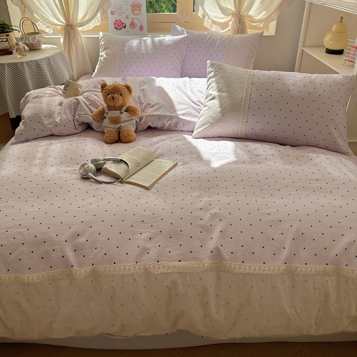 91家纺网 家纺一手货源 找家纺 桃心家居 2025新款云感水洗棉蕾丝花边四件套 水洗棉花边-蕾丝紫点奶昔