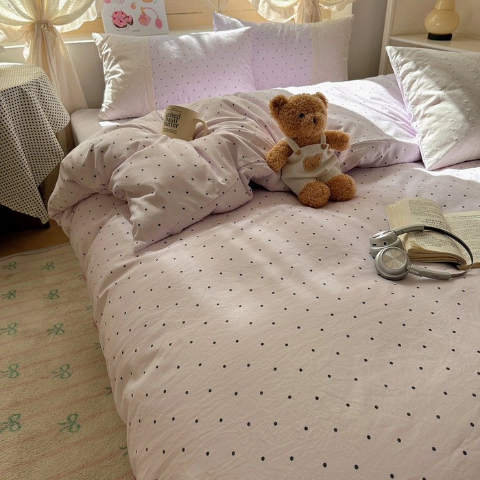 91家纺网 家纺一手货源 找家纺 桃心家居 2025新款云感水洗棉蕾丝花边四件套 水洗棉花边-蕾丝紫点奶昔