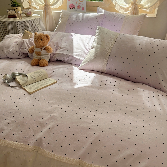 91家纺网 家纺一手货源 找家纺 桃心家居 2025新款云感水洗棉蕾丝花边四件套 水洗棉花边-蕾丝紫点奶昔