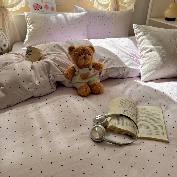 91家纺网 家纺一手货源 找家纺 桃心家居 2025新款云感水洗棉蕾丝花边四件套 水洗棉花边-蕾丝紫点奶昔