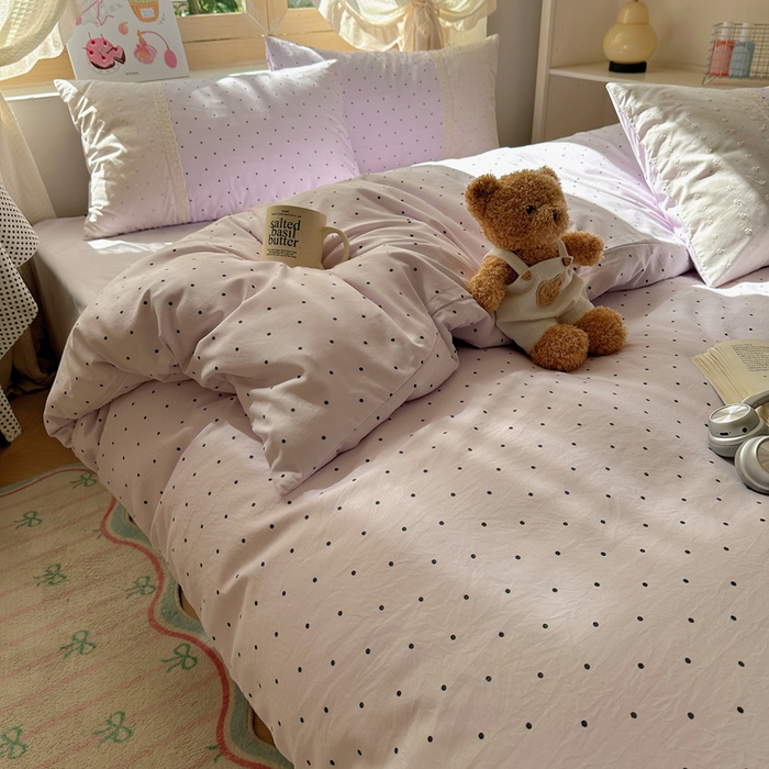 91家纺网 家纺一手货源 找家纺 桃心家居 2025新款云感水洗棉蕾丝花边四件套 水洗棉花边-蕾丝紫点奶昔