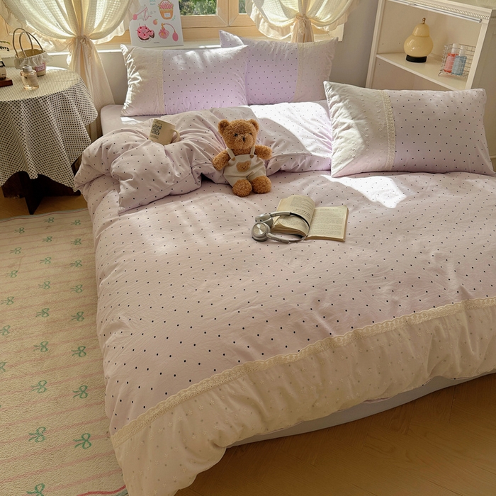 91家纺网 家纺一手货源 找家纺 桃心家居 2025新款云感水洗棉蕾丝花边四件套 水洗棉花边-蕾丝紫点奶昔